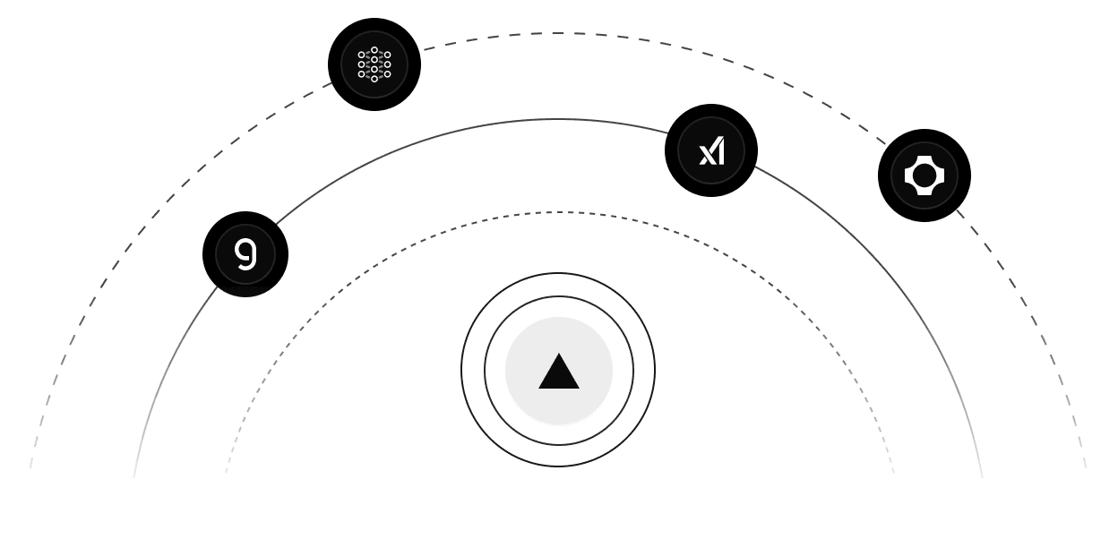 3 sequentially growing orbit rings with icons of various AI vendors on each ring. The Vercel logo is centered on the inner most ring, emphasising the Vercel AI Marketplace.
