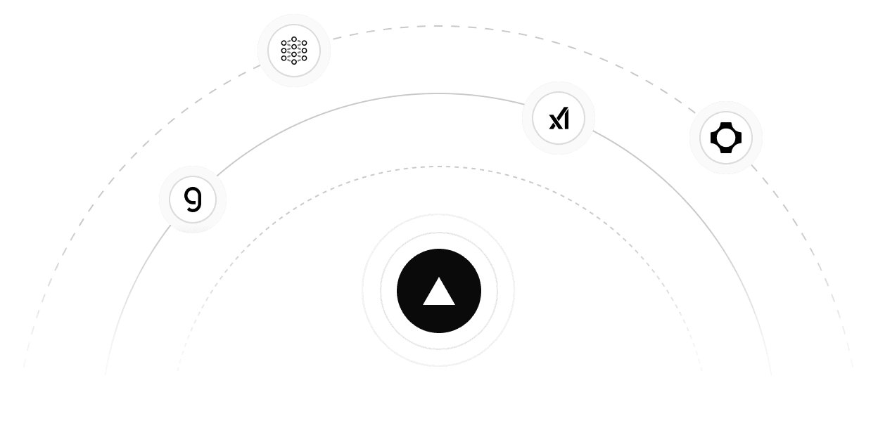 3 sequentially growing orbit rings with icons of various AI vendors on each ring. The Vercel logo is centered on the inner most ring, emphasising the Vercel AI Marketplace.