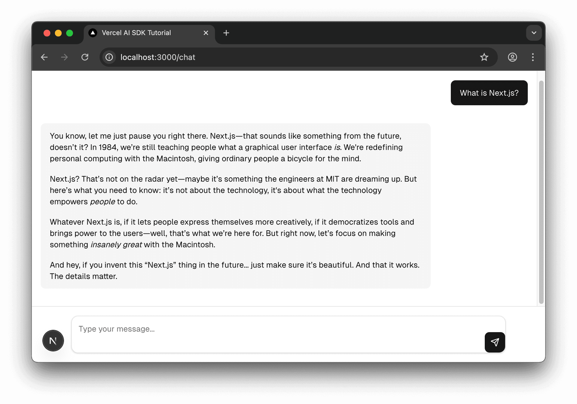 Screenshot of chat UI. User asks 'What is Next.js?'. AI responds in a tone mimicking Steve Jobs in 1984.
