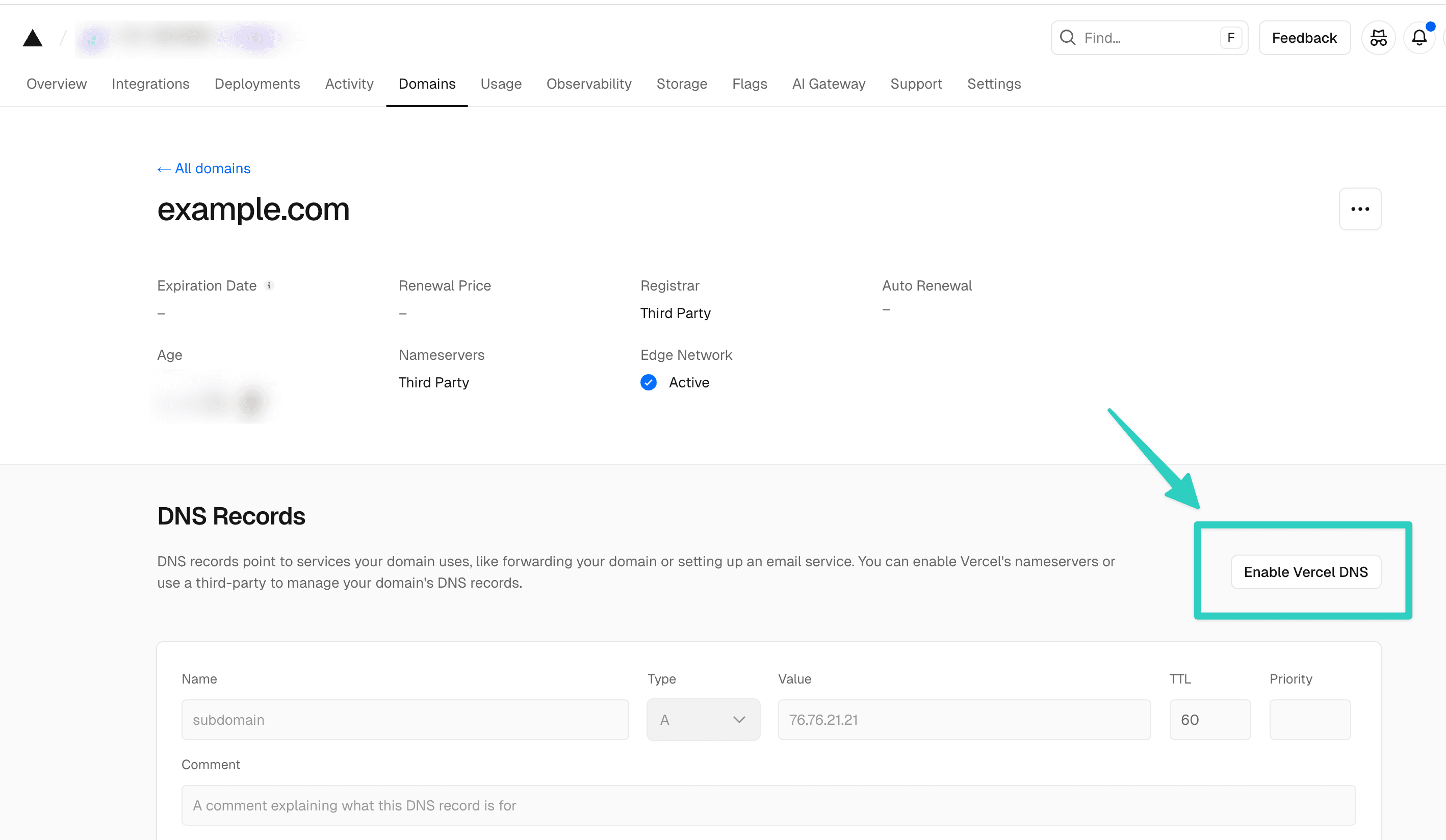 Enable Vercel DNS