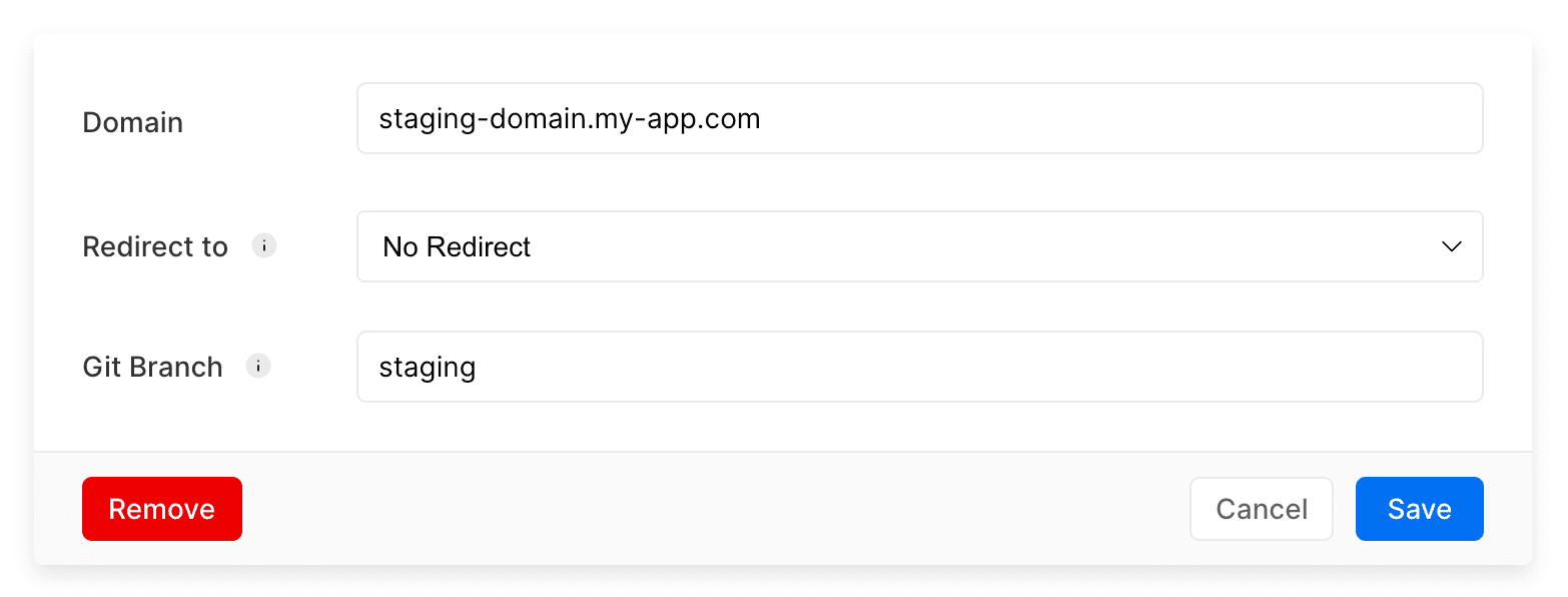 Adding a staging domain to the staging branch through a Project's Domain settings.