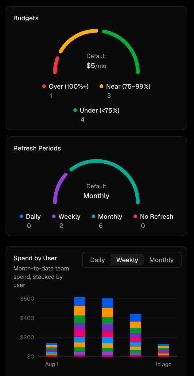Track spend for every user against their budget from one overview.