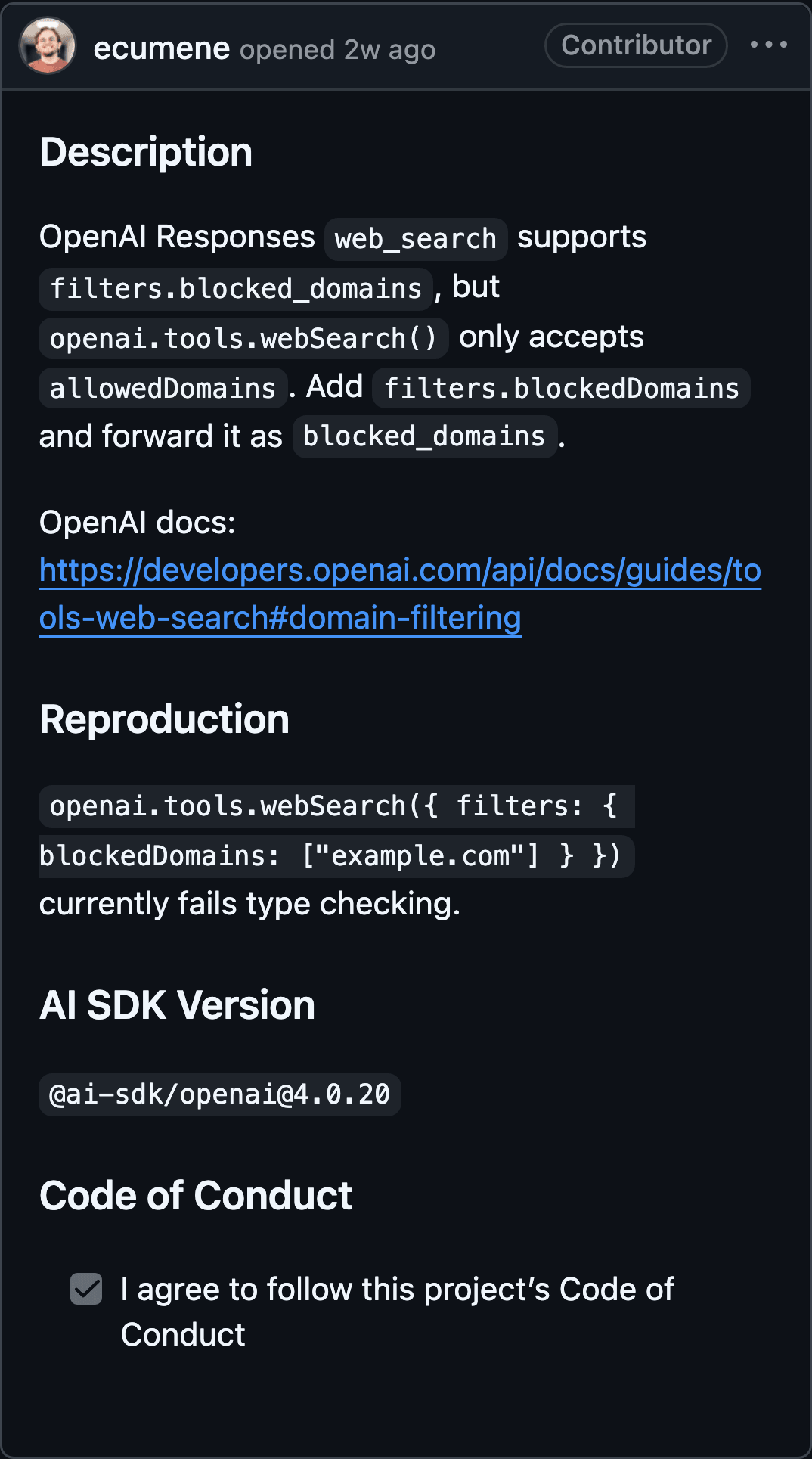 An AI SDK issue opened by the community