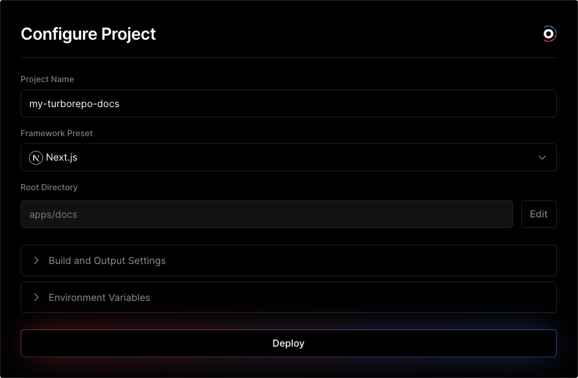 Settings to deploy a project from your Turborepo.