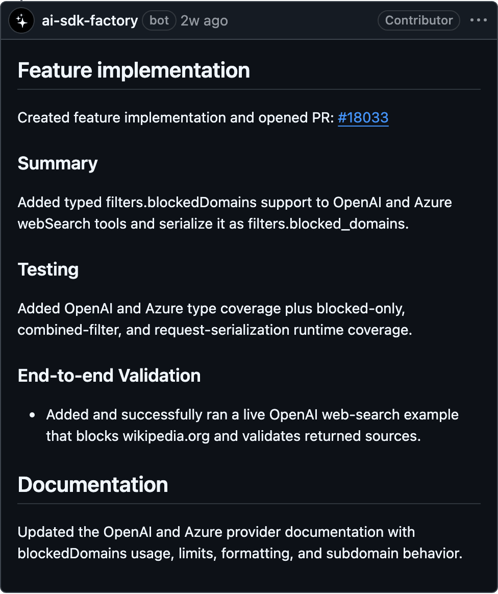 AI SDK factory implemented the feature, opened a pull request, and provided evidence