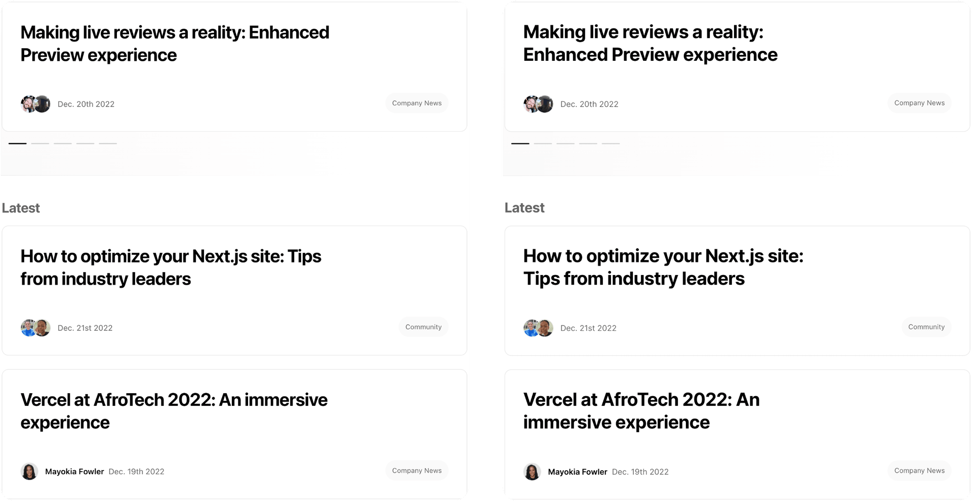The Vercel blog, before and after React Wrap Balancer.