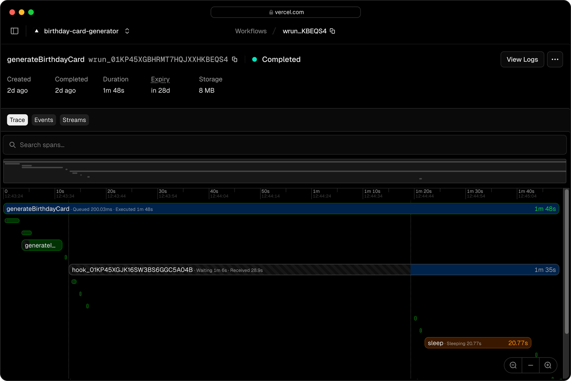 The built in observability dashboard for Workflow SDK on Vercel.