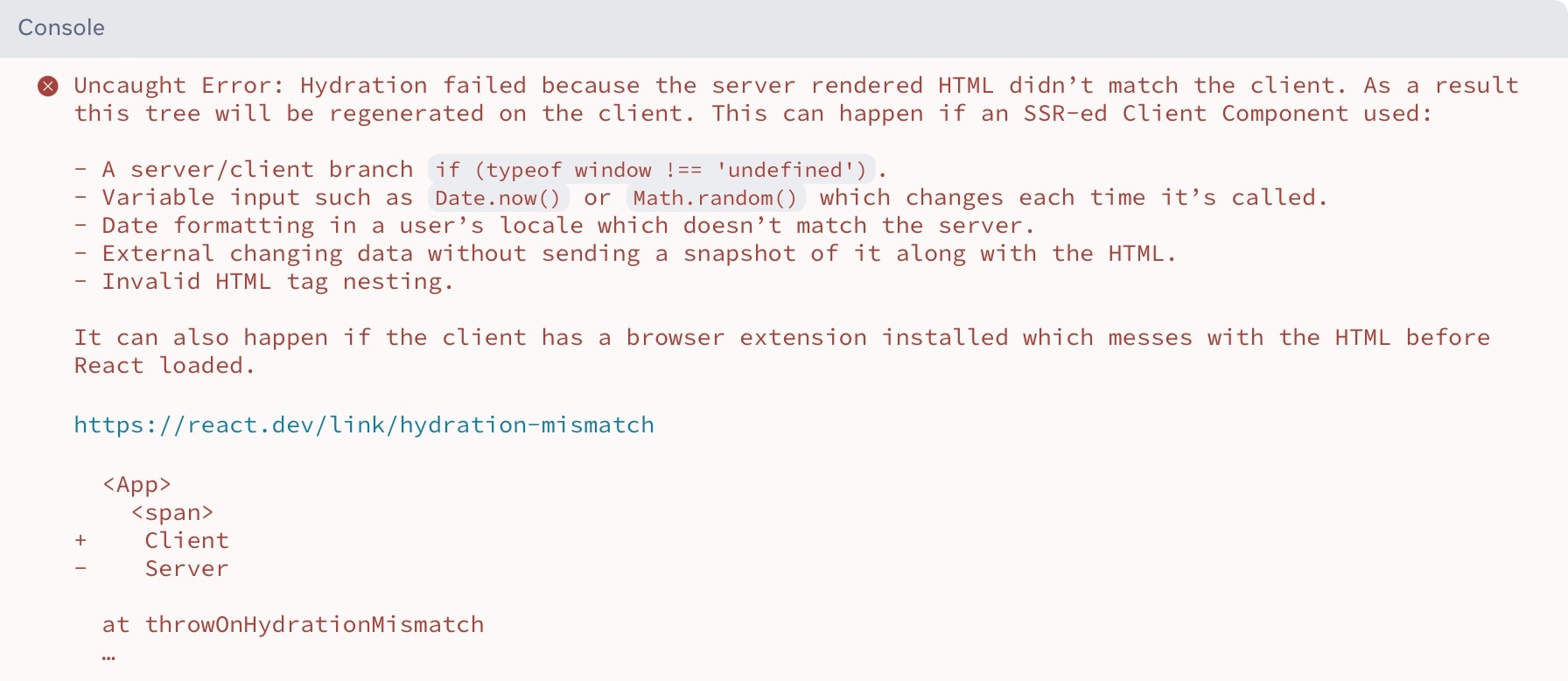 Example of an improved hydration error message in React 19.