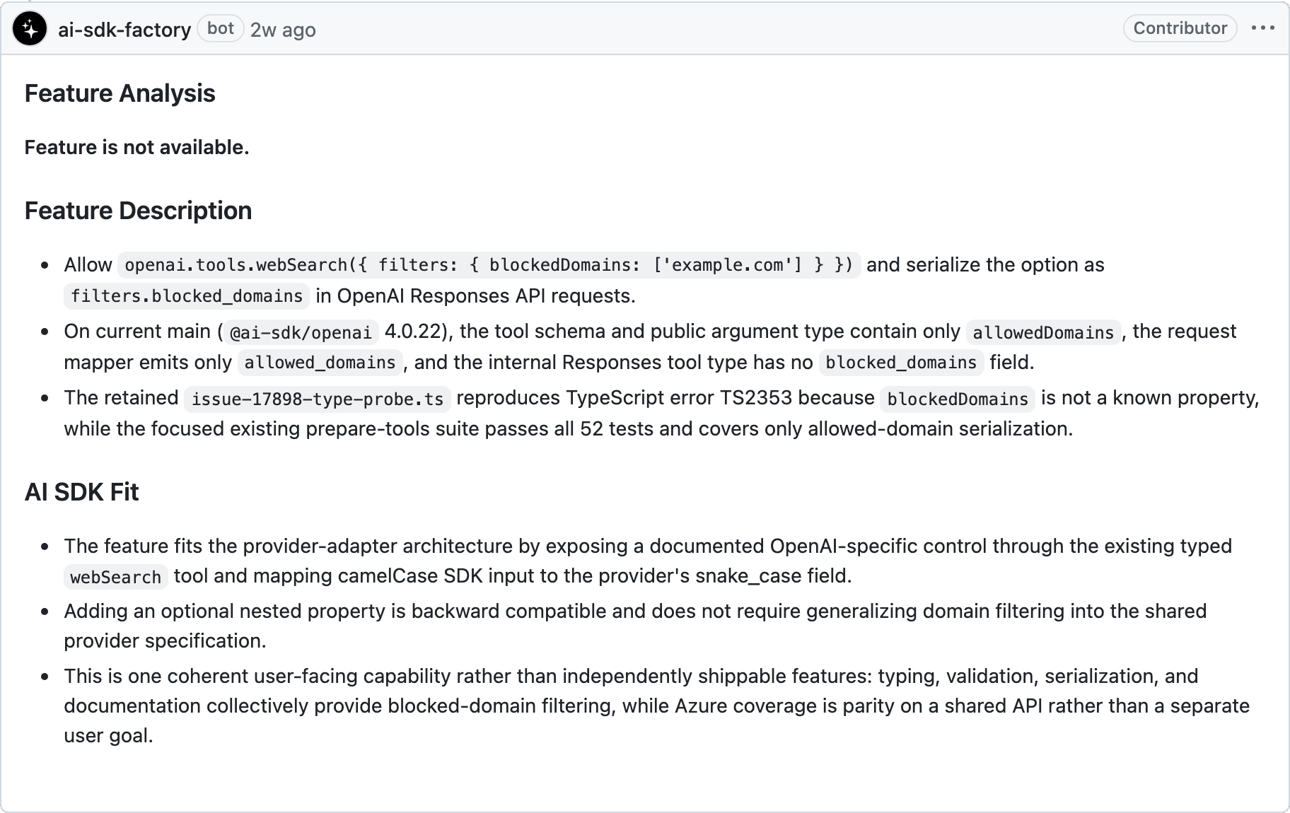 The AI SDK software factory provides a full analysis on the feature request raised in the issue