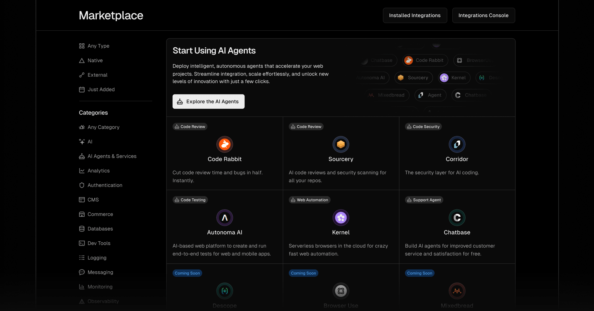 Explore AI Agents and services in the Vercel Marketplace.