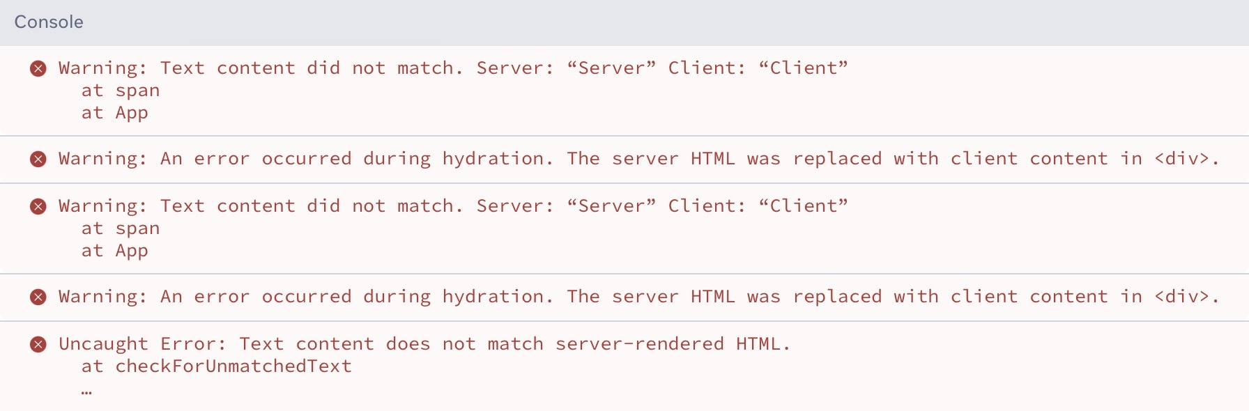 Example of a hydration error message in React 18.