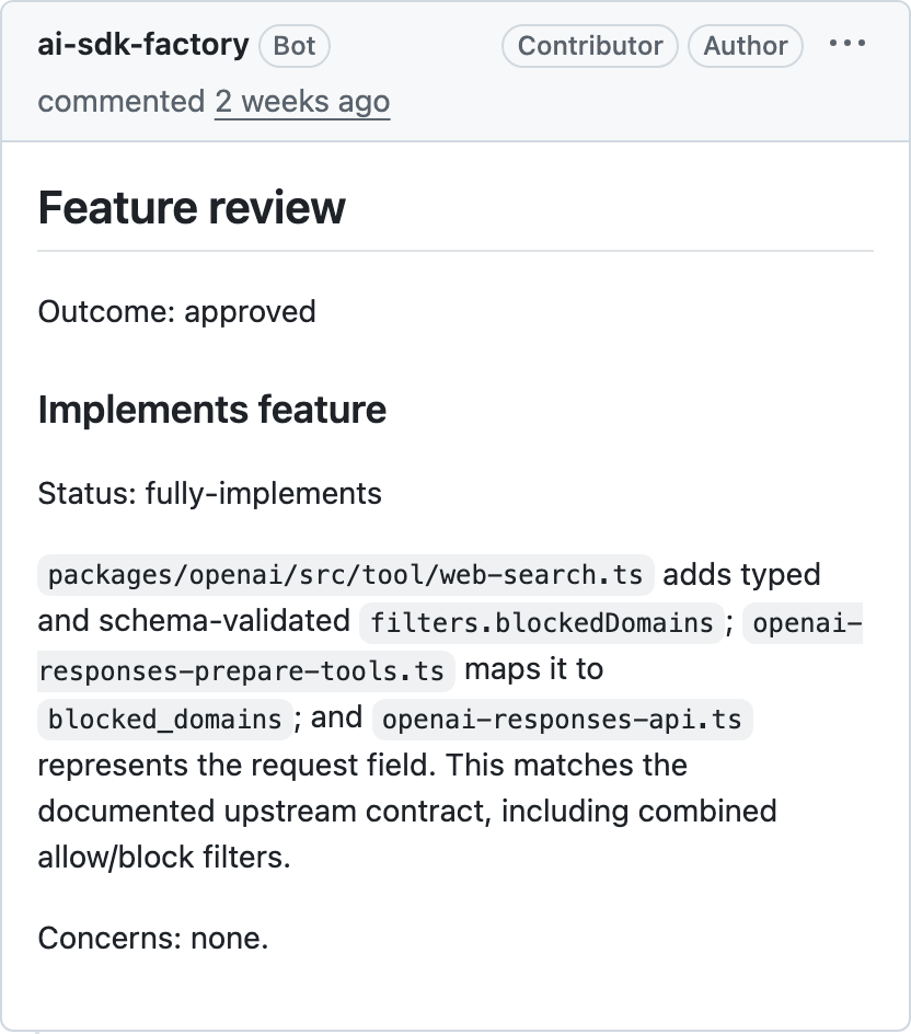 AI SDK software factory provides a review of the PR it authored