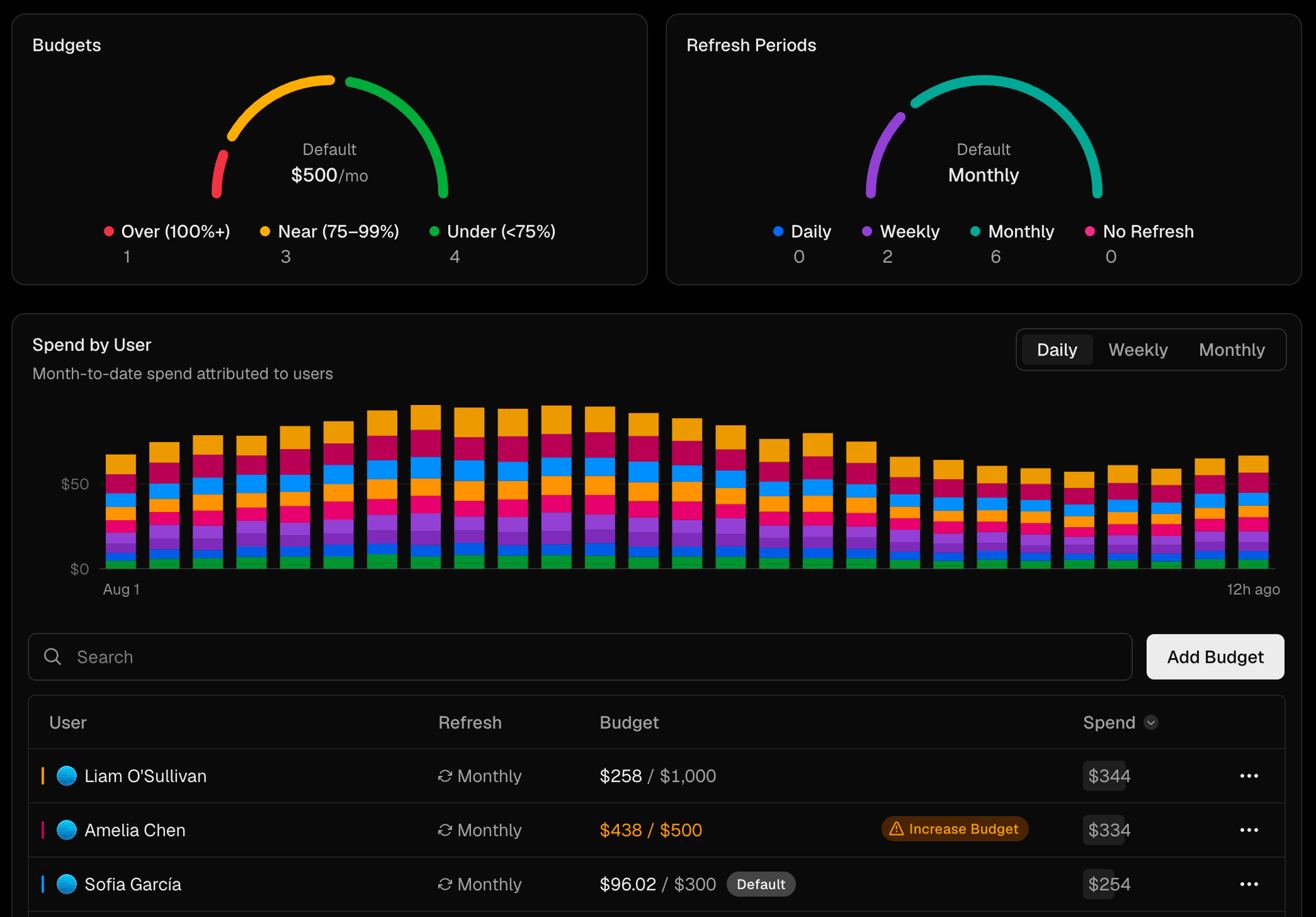 Track spend for every user against their budget from one overview.