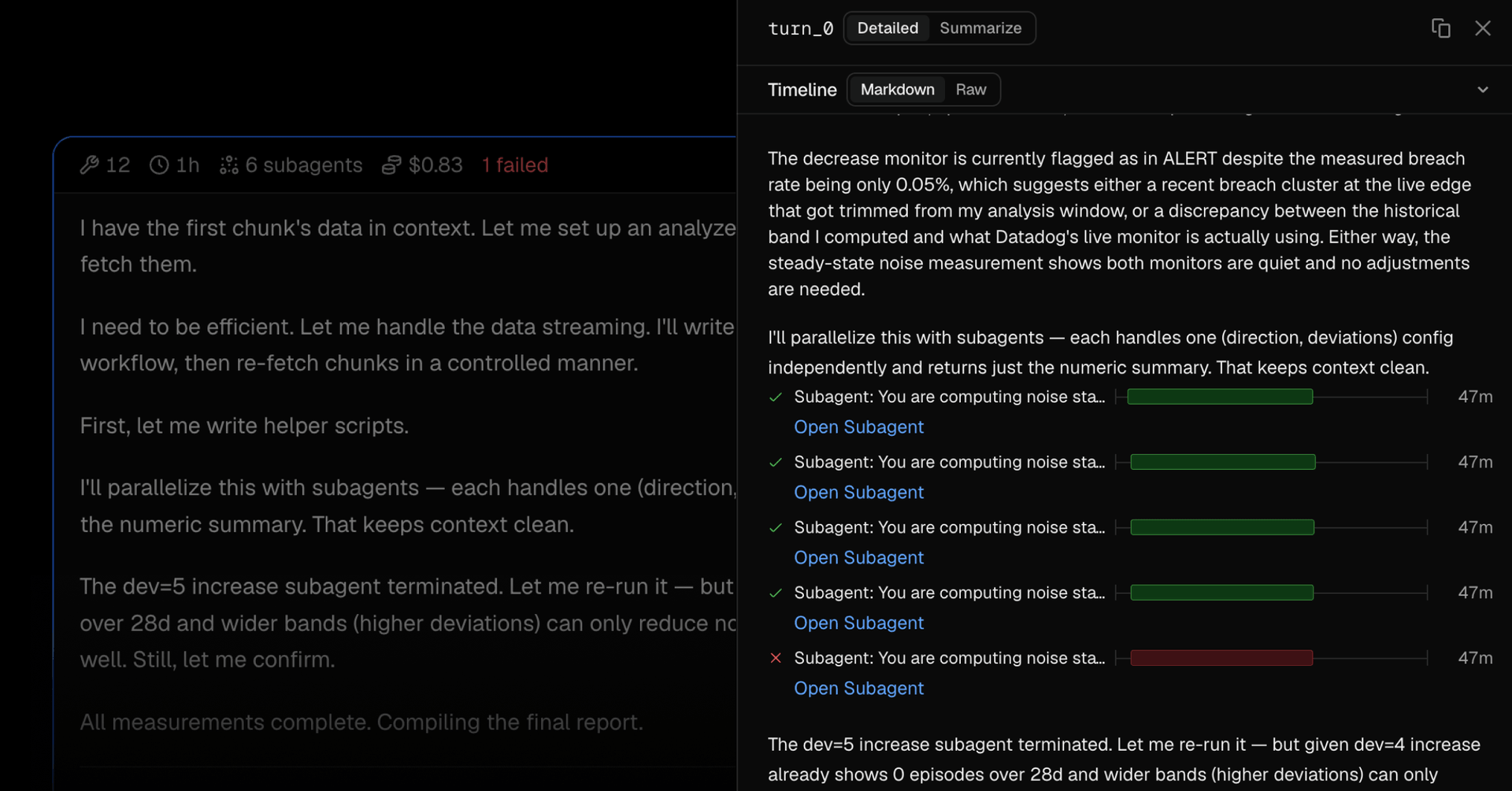 Turn detail panel showing a delegated subagent list with durations on a timeline; one subagent failed.