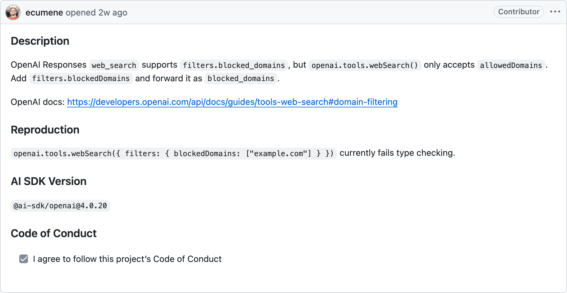 An AI SDK issue opened by the community
