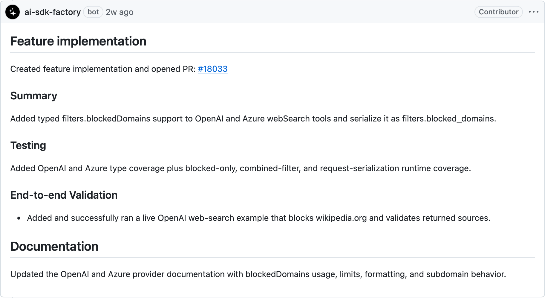 AI SDK factory implemented the feature, opened a pull request, and provided evidence