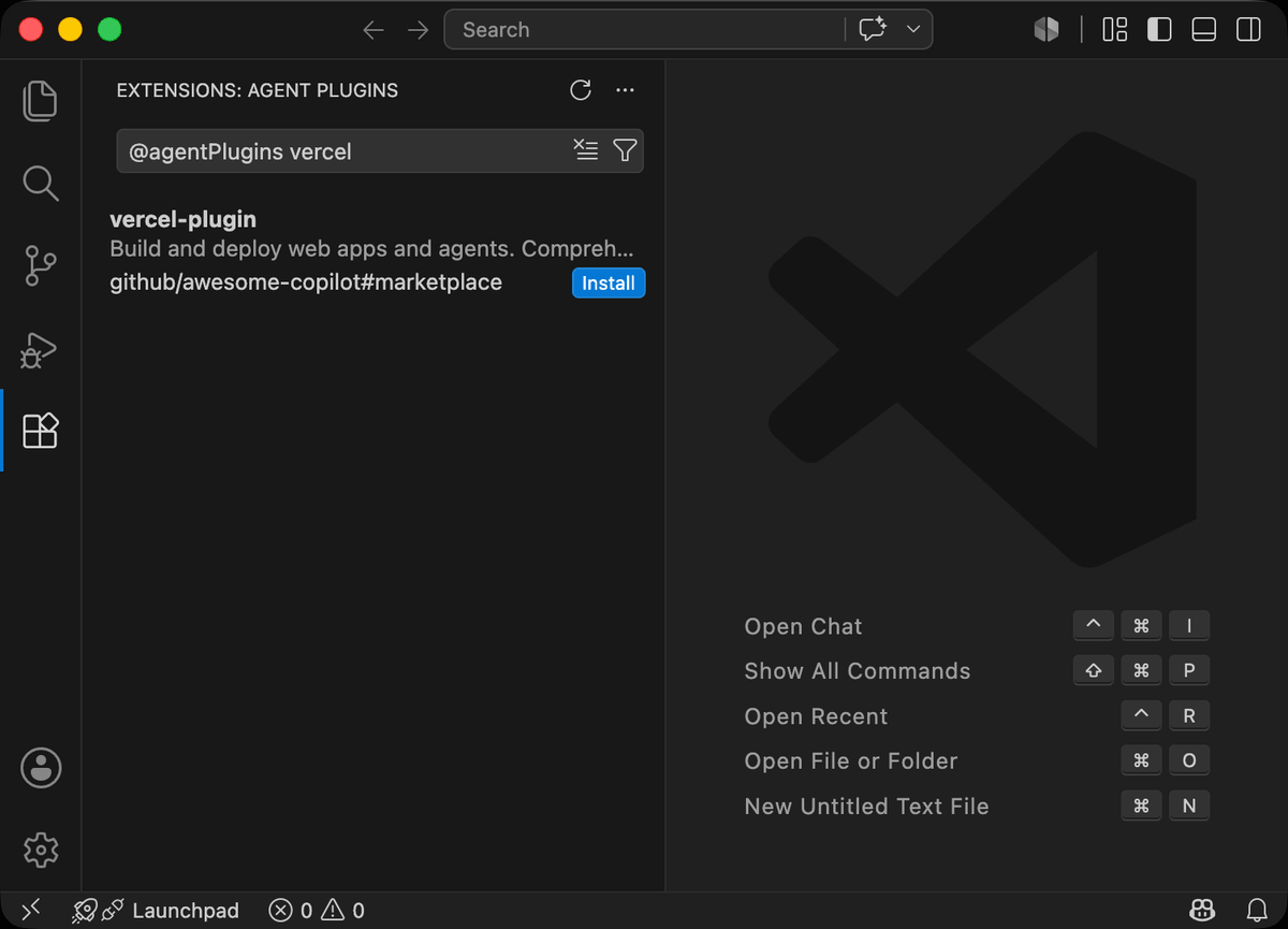 The vercel-plugin result in the VS Code Extensions panel, showing its description and an Install button