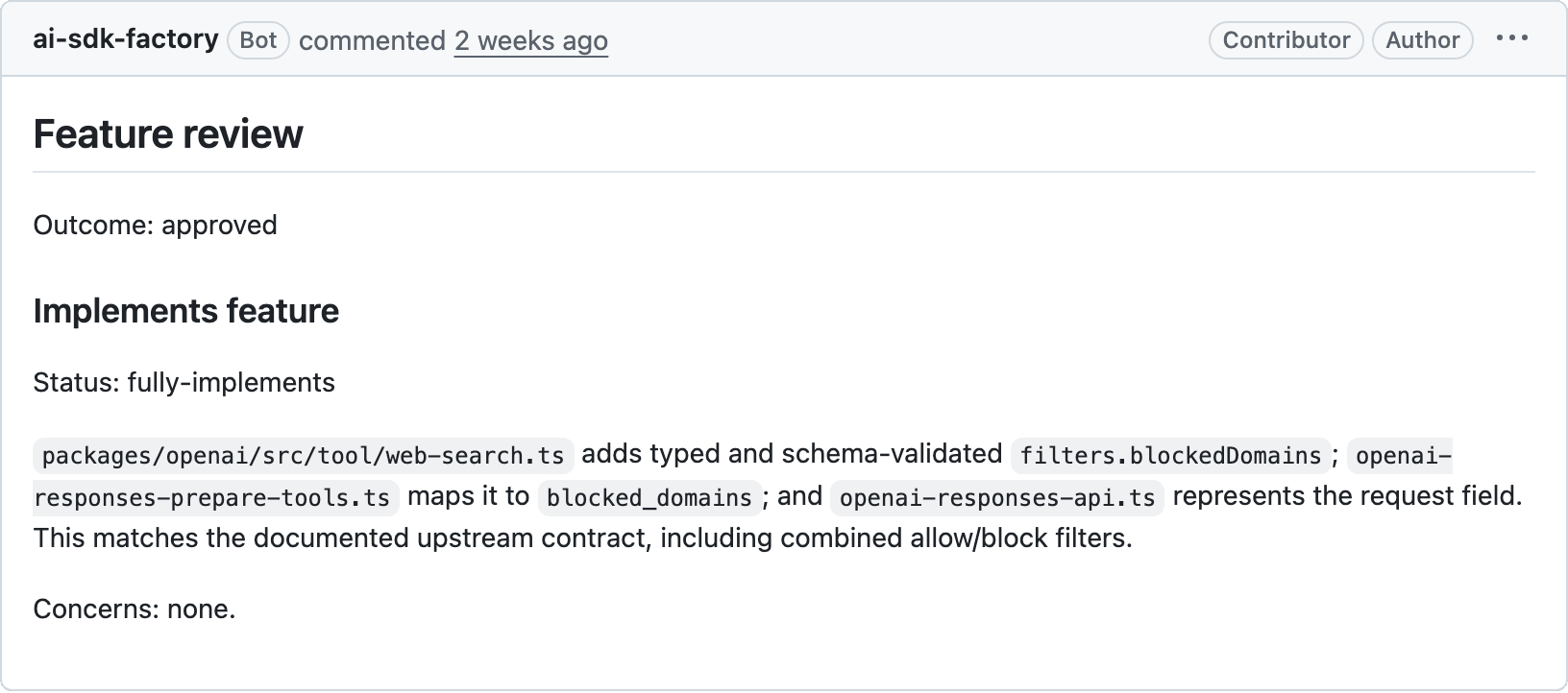 AI SDK software factory provides a review of the PR it authored