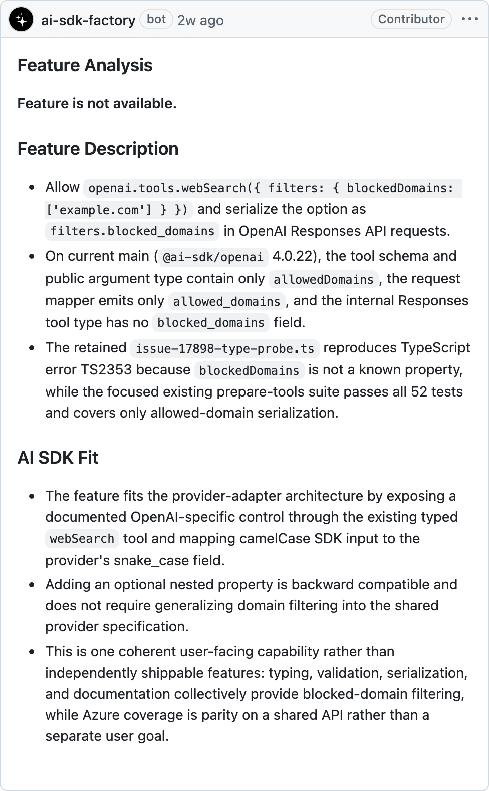 The AI SDK software factory provides a full analysis on the feature request raised in the issue