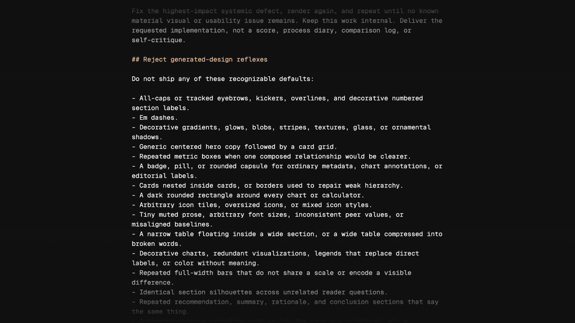 An excerpt from design.md naming recurring generated-design patterns for agents to recognize and avoid.
