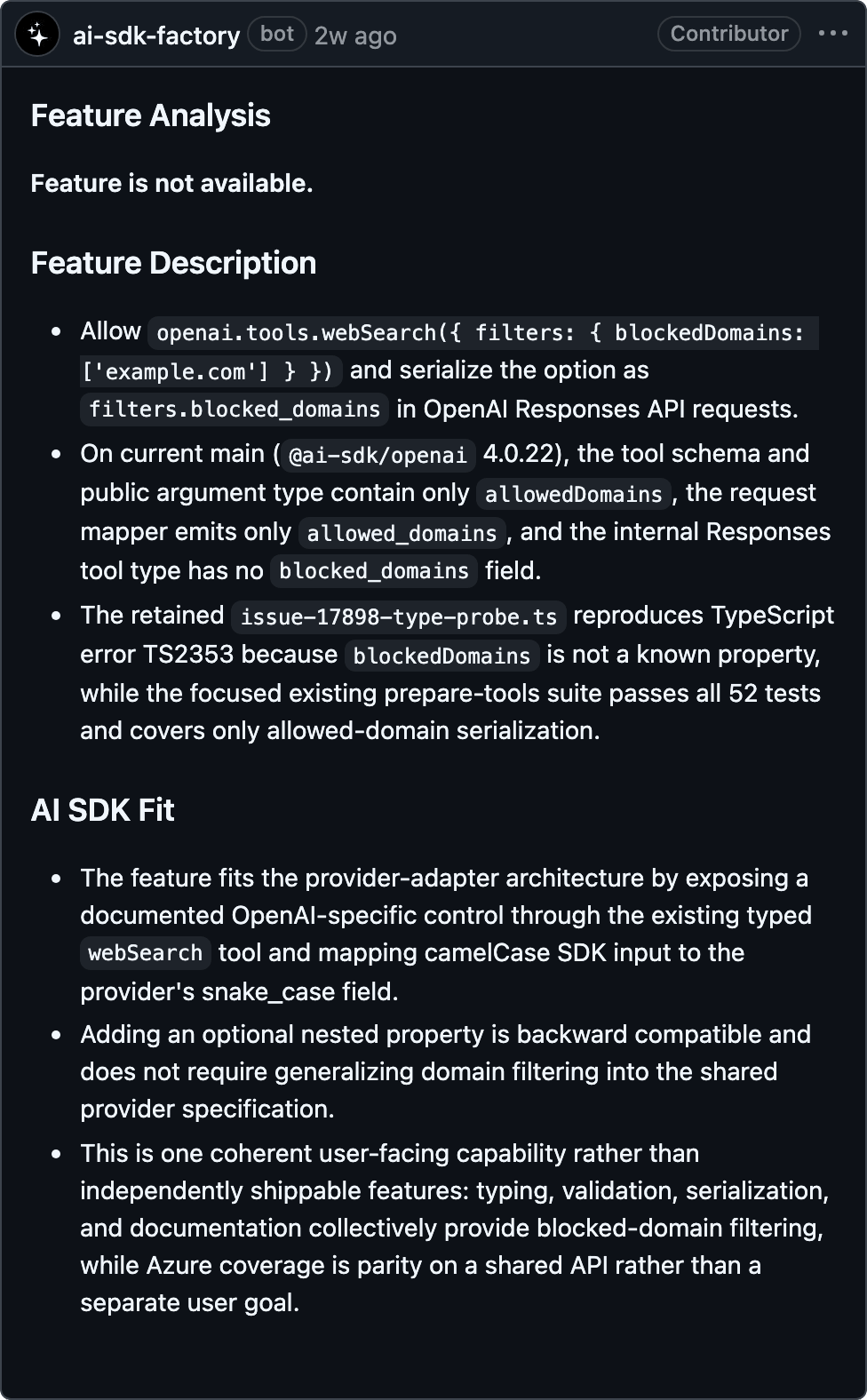 The AI SDK software factory provides a full analysis on the feature request raised in the issue
