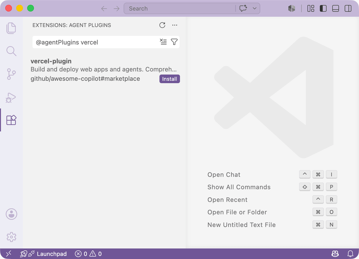 The vercel-plugin result in the VS Code Extensions panel, showing its description and an Install button