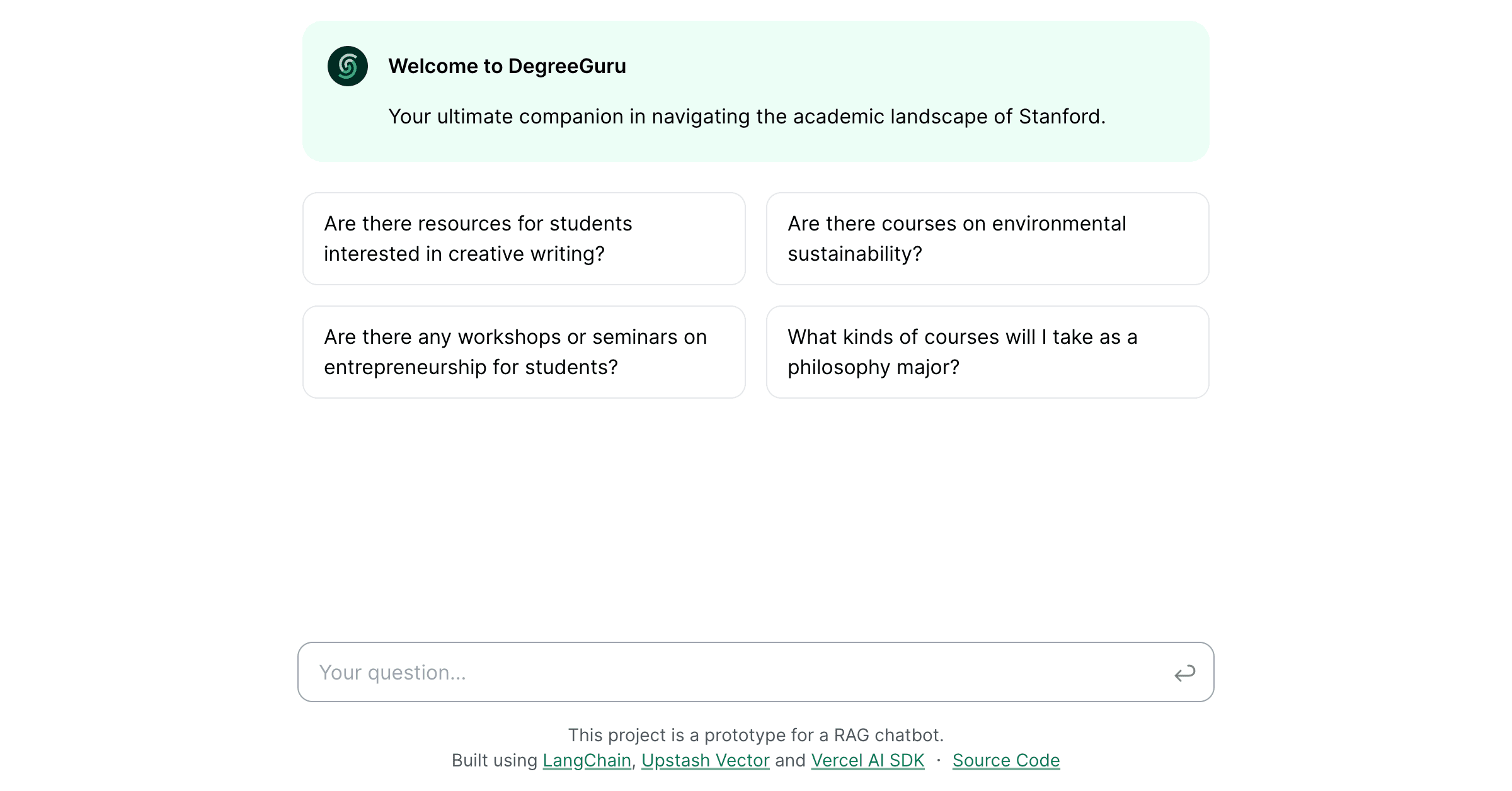 DegreeGuru is a RAG chatbot for expert answers on university degrees. Built with Vercel AI SDK and Upstash Vector.